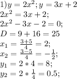 1)y=2x^{2};y=3x+2\\2x^{2}=3x+2;\\2x^{2}-3x-2=0;\\D= 9+16=25\\x_{1}=\frac{3+5}{4}=2;\\x_{2}=\frac{3-5}{4}=-\frac{1}{2};\\y_{1}=2*4=8;\\y_{2}=2*\frac{1}{4}=0.5;\\