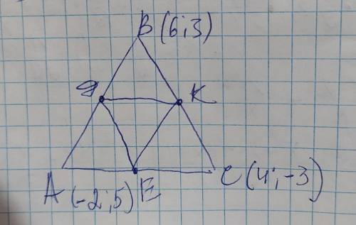 127. Дано дABC з вершинами A(-2; 5), B(6; 3), C(4; -3). Знайдіть довжини середніх ліній трикутника.