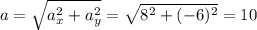 \displaystyle a=\sqrt{a_x^2+a_y^2}=\sqrt{8^2+(-6)^2}=10