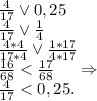 \frac{4}{17}\vee0,25\\\frac{4}{17} \vee\frac{1}{4} \\\frac{4*4}{17*4} \vee\frac{1*17}{4*17}\\\frac{16}{68}