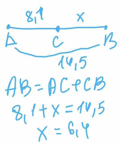 Точка С принадлежит отрезку АВ найти длину отрезка СВ если, АВ=14,5 см, а АС=8,1 см