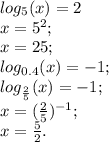 log_{5}(x)=2\\x=5^{2};\\x=25;\\log_{0.4}(x)=-1;\\log_{\frac{2}{5}}(x)=-1;\\x=(\frac{2}{5})^{-1};\\x=\frac{5}{2}.