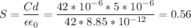 \displaystyle S=\frac{Cd}{\epsilon \epsilon_0}=\frac{42*10^{-6}*5*10^{-6}}{42*8.85*10^{-12}}=0.56