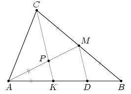На стороне AB треугольника ABC отмечена точка K. Отрезок CK пересекает медиану AM треугольника в точ