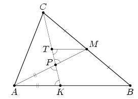 На стороне AB треугольника ABC отмечена точка K. Отрезок CK пересекает медиану AM треугольника в точ
