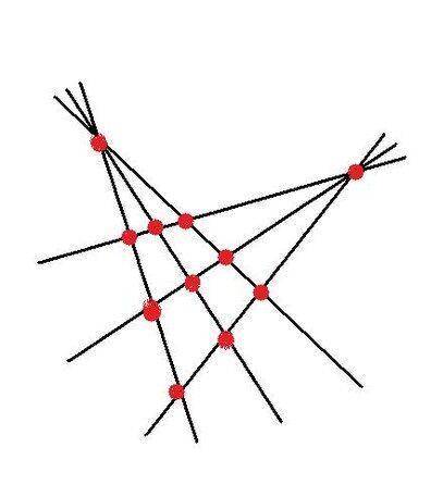 5. Проведите шесть прямых и отметьте на них 11 точек так, чтобы на каждой прямой было отмечено ровно