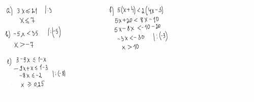 решить неравенства с одной переменной а) 3х≤21 b) -5х<35 e) 3-9х≤1-х f) 5(х+4)<2(4х-5)