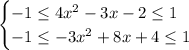 \begin{cases} -1\leq 4x^2-3x-2\leq1 \\ -1\leq-3x^2+8x+4\leq1 \end{cases}