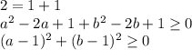 2=1+1\\a^2-2a+1+b^2-2b+1\geq 0\\(a-1)^2+(b-1)^2\geq 0