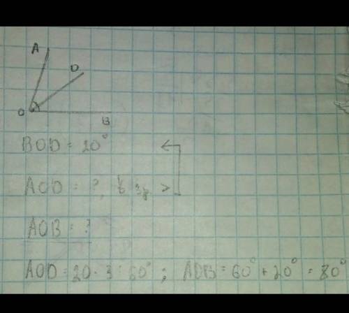 1 2. а) Начертите угол АОВ;b) внутри угла проведите луч OD;с)найдите величину угла AOB, еслиZAOD = 1