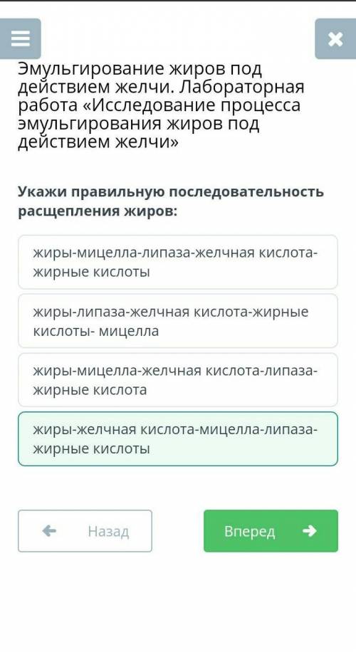 Укажи правильную последовательность расщепления жиров: жиры-мицелла-липаза-желчная кислота-жирные ки