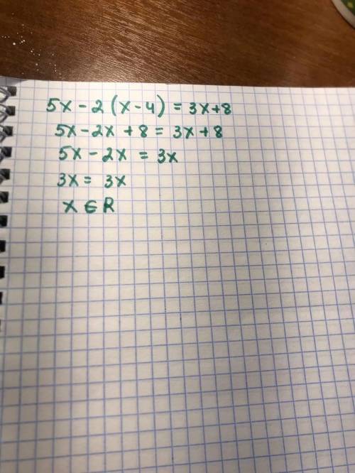 Доведіть тотожність 5x-2(x-4)=3x+8