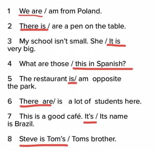 1 We are / am from Poland. 2 There is / are a pen on the table. 3 My school isn’t small. She / It is