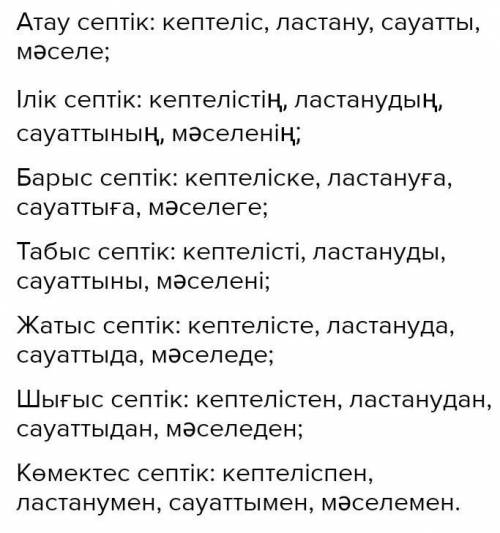 2 -тапсырма.«Кептеліс», «ластану», «сауатты», «мәселе» сөздерінтүрлендіре отырып, септе.Үлгі: түтін,