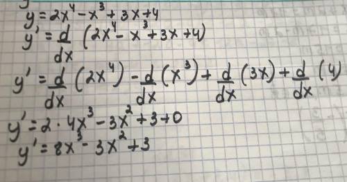Найти производную функции:2х^4-х^3+3х+4​