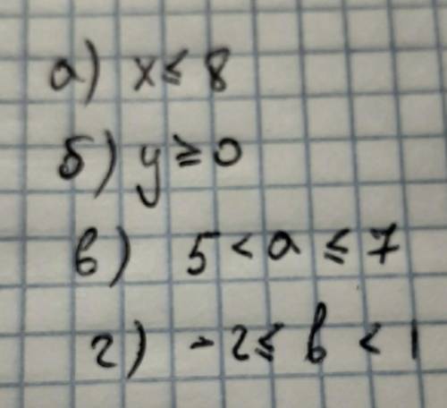 62. Запишите с знаков неравенства: а) х меньше или равно 8;б) у больше или равно 0;в) а больше 5 и м