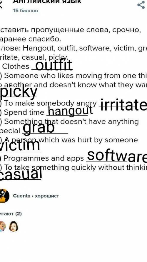 Вставить пропущенные слова заранее Слова: Hangout, outfit, software, victim, grab, irritate, casual,