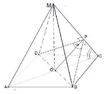 Двугранный угол при боковом ребре правильной четырехугольной пирамиды 120°. Нати угол между ребром и