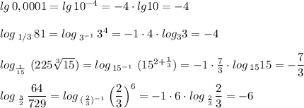 lg\, 0,0001=lg\, 10^{-4}=-4\cdot lg10=-4\\\\log\, _{1/3}\, 81=log\, _{3^{-1}}\, 3^4=-1\cdot 4\cdot log_33=-4\\\\log_{\frac{1}{15}}\ (225\sqrt[3]{15})=log\, _{15^{-1}}\ (15^{2+\frac{1}{3}})=-1\cdot \frac{7}{3}\cdot log\, _{15}\m 15=-\dfrac{7}{3}\\\\log\, _{\frac{3}{2}}\, \dfrac{64}{729}=log\, _{(\frac{2}{3})^{-1}}\, \Big(\dfrac{2}{3}\Big)^6=-1\cdot 6\cdot log\, _{\frac{2}{3} }\dfrac{2}{3}=-6
