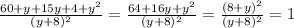 \frac{60+y+15y+4+y^2}{(y+8)^2} =\frac{64+16y+y^2}{(y+8)^2} =\frac{(8+y)^2}{(y+8)^2} = 1