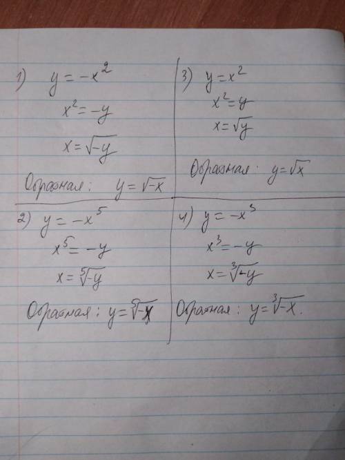 Найти функцию, обратную к данной:1) у = - x2; 2) у =-x5; 3) у = х2; 4) у = - x3.​