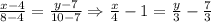 \frac{x-4}{8-4}=\frac{y-7}{10-7}\Rightarrow \frac{x}{4}-1=\frac{y}{3}-\frac{7}{3}