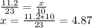 \frac{11.2}{23} =\frac{x}{10} \\x=\frac{11.2*10}{23}=4.87