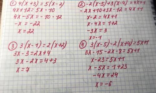 4(x+3)=5(x-2) -2(x-5)+3(x-4)=4x+1 3(x-1)=2(x+2) 3(x-5)-2(x+4)=5x+1