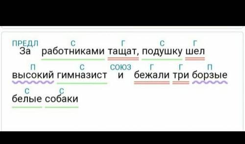 синтаксический разбор предложение. За работниками, таща подушку шёл высокий гимназист и бежали три б