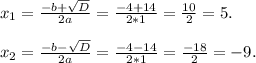 x_{1} = \frac{-b+\sqrt{D} }{2a} = \frac{-4+14}{2*1} = \frac{10}{2} = 5.\\\\x_{2} = \frac{-b-\sqrt{D} }{2a} =\frac{-4-14 }{2*1} = \frac{-18}{2} = -9.