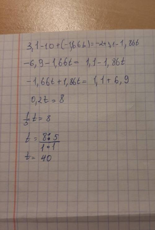 Линейное уравнение 3,1−10+(−1,66t)=−2+3,1−1,86t​