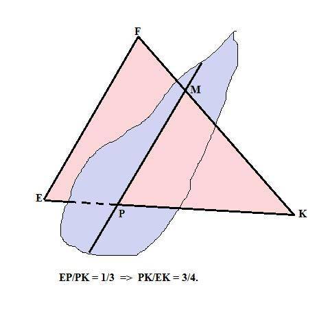 Терміново!! у трикутнику сторона EFK = 24 см, P належить EK, EP:PK=1:3. Через точку P паралельно про