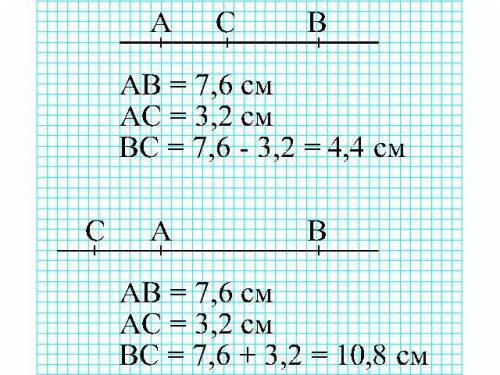 №2. На прямой отметили две точки А и В так, что длина получившегося отрезка АВ равна 7,6 см. Затем е