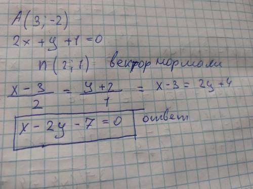З точки A(3;-2) на пряму 2x+y+1=0 провели перпендикуляр. Скласти його рівняння. Написати детально​