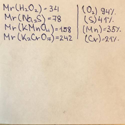 Молекулярная масса H2O2 Na2S KMrO4 K2Cr O7 Массовая доля H2O2-O Na2S-S KMrO4-Mr K2Cr O7-Cr