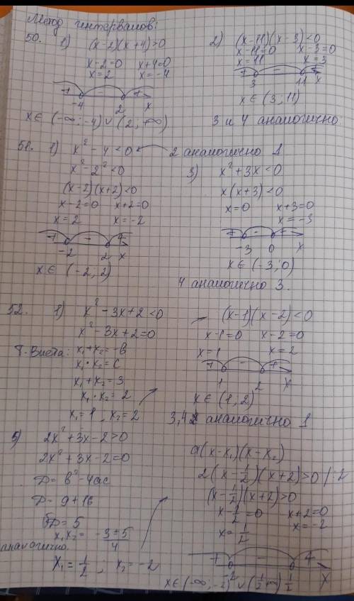 Решите неравенство (50—52): 50. 1) (х – 2)(х + 4) > 0; 2) (х - 11)(х - 3) < 0;3) (х – 3)(х + 5
