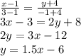 \frac{x-1}{3-1} =\frac{y+4}{-1+4} \\3x-3=2y+8\\2y=3x-12\\y=1.5x-6