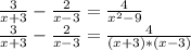 \frac{3}{x+3}-\frac{2}{x-3}=\frac{4}{x^2-9}\\\frac{3}{x+3}-\frac{2}{x-3}=\frac{4}{(x+3)*(x-3)}\\