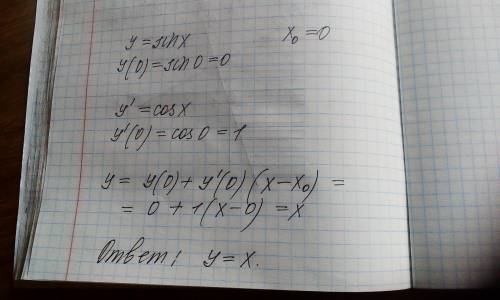 Составить уравнение касательной к графику функции y=sin x при x0=0