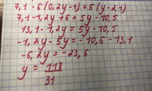 Решите уравнение 7,1-6×(0,2y-1)=5×(y-2,1)​