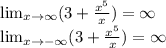 \lim_{x \to \infty} (3+\frac{x^5}{x})=\infty\\ \lim_{x \to -\infty} (3+\frac{x^5}{x})=\infty