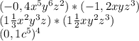 (-0,4x^{5}y^{6}z^{2})*(-1,2 xyz^{3})\\(1\frac{1}{3} x^{2}y^{3}z)*(1\frac{1}{2} xy^{2}z^{3} )\\(0,1c^{5})^{4}