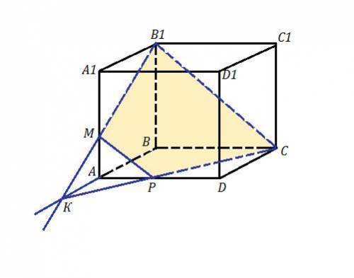 Побудуйте переріз куба площиною,яка проходить через точки:М,В1,С. Точка М лежить між точками А і А1.
