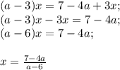 (a-3)x=7-4a+3x;\\(a-3)x-3x=7-4a;\\(a-6)x=7-4a;\\\\x=\frac{7-4a}{a-6}