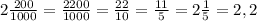 2\frac{200}{1000}=\frac{2200}{1000} =\frac{22}{10}=\frac{11}{5}=2\frac{1}{5} =2,2