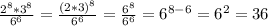 \frac{2^{8}*3^{8} }{6^{6} } =\frac{(2*3)^{8} }{6^{6} }= \frac{6^{8} }{6^{6} }=6^{8-6}= 6^{2}= 36