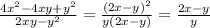 \frac{4x^{2}-4xy+y^{2}}{2xy-y^{2}}=\frac{(2x-y)^{2}}{y(2x-y)}=\frac{2x-y}{y}