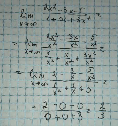 пож. решить Lim 2x2-3x-5/1+x+3x2 X–>∞