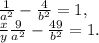 \frac{1}{a^2} -\frac{4}{b^2} =1,\\\frac{x}{y} \frac{9}{a^2} -\frac{49}{b^2} =1.