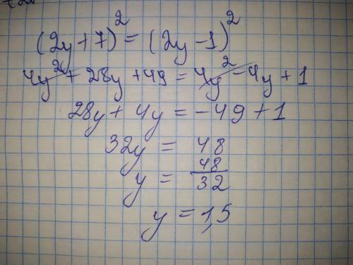 Решите уравнение : ( 2y+7)^2 = (2y-1)^2